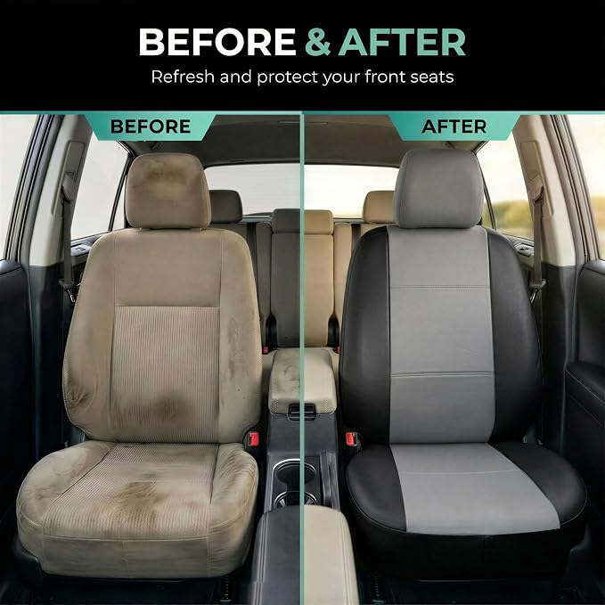 FH Group Car Seat Covers PU Leather Seat Covers Front Pair Set for Interior, Easy to Install Black Automotive Seat Covers – Universal Fit Interior Accessories for Cars Trucks and SUVs PU001102