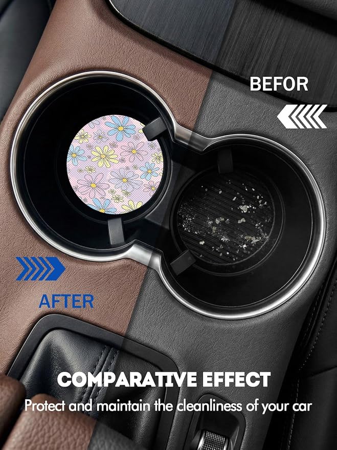 WOCOCN Car Coasters for Cup Holders - 2 Pack 2.75" Universal Rubber Car Cup Coaster, Non-Slip Waterproof Car Interior Accessories, Cute Car Decor Gifts for Women and Men (Daisy)