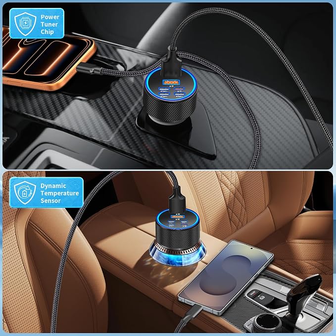 USB C Car Charger, Rombica 6-Port 120W USB-C&USB-A Car Power Adapter Dual 45W PD/QC Multiport Type C Fast Charging Car Accessories for iPhone 17 17 Pro Max 16 15 14 13 12 11/Galaxy S26 S25/Pixel/iPad
