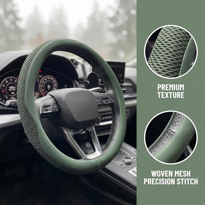 Car Steering Wheel Cover, Universal 15 inch, Green | Microfiber Leather, Breathable Technology Fabric, Non-Slip, Comfortable, Warm in Winter and Cool in Summer