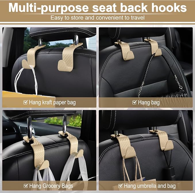 LivTee Car Purse Hook, Headrest Hook for Car, 4 Pack Universal Auto Car Seat Headrest Hook Hangers Organizer for Purse Coat Umbrellas Grocery Bags Handbag, Car Accessories - Carbon Fiber Beige