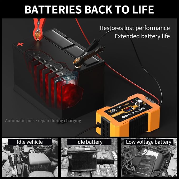 12V Automatic Car Battery Charger, 0-10A Arbitrarily Adjustable Smart Trickle Charger, Auto Desulfator with Battery Repair, Battery Maintainer with Winter Mode for AGM, Gel, Deep Cycle, Lead-Acid