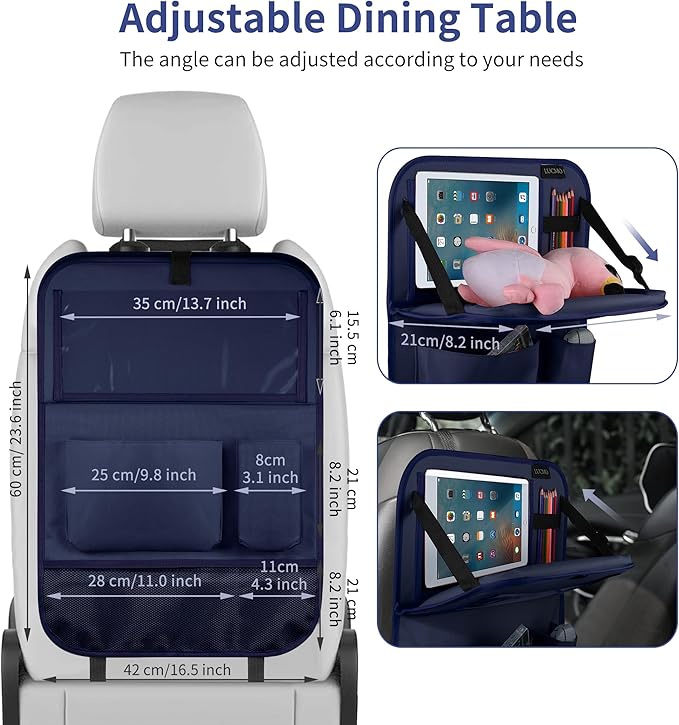 LUCMO Car Backseat Organizer with Foldable Tablet Holder, Dark Blue | 2 Pcs,6 Storage Pockets,Foldable Food Tray,Protectors Kick Mats,Travel Accessories,Seat Cover,Road Trip Essentials