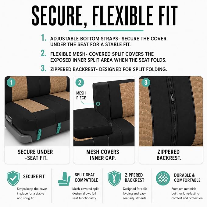 FH Group Rear Set Travel Master Car Seat Covers - Universal Fit, Split Bench Rear Seat, Washable, for SUV, Sedan, Beige