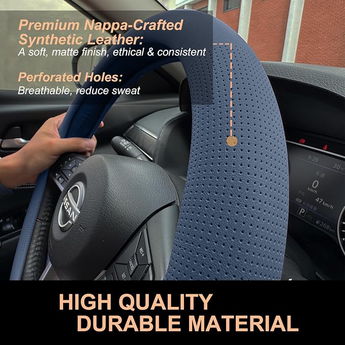 PINCTROT D Shaped Nappa Leather Steering Wheel Cover, Slim Fit No Bulk Design, One Piece Leather with Breathable Perforation, Fit Like Gloves, Flat Bottom 14.5-15 Inch(Nappa Smoky Blue)