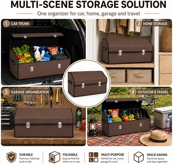 Car Trunk Organizer with Lid, Foldable Faux Leather Storage Box | Foldable design, faux leather exterior, 3 compartments