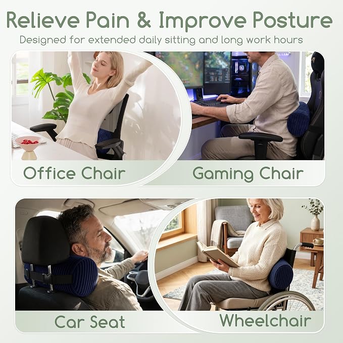 HIGOGOGO Lumbar Roll Lumbar Support Pillow for Office Chairs, Cars, and Gaming Chairs, Back Cushion with Washable Cover & Adjustable Strap to Relieve Back Pain and Improve Posture, 11"x6"x5", Navy