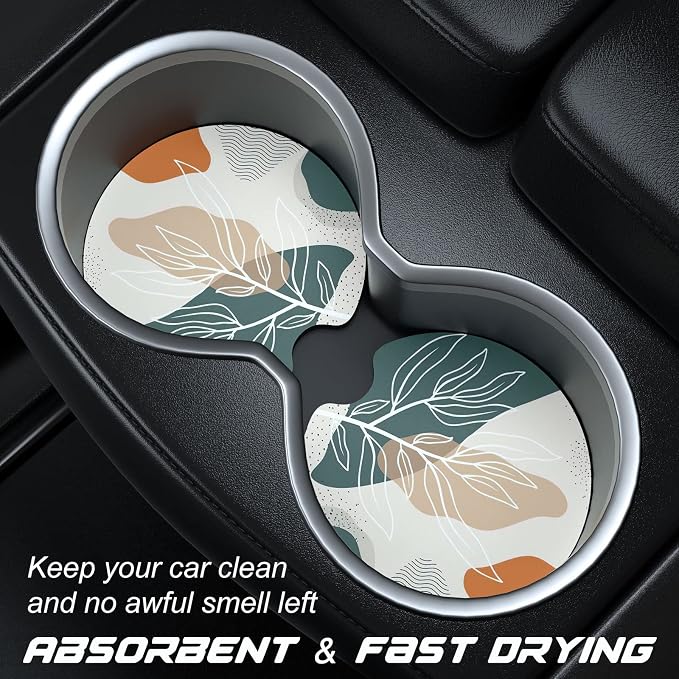 Aiawoxc Car Cup Holder Coasters, 2 Pack Universal Auto Anti Slip Insert Coaster with A Finger Notch, Cute Car Assecories for Women Men, Cup Mat for Most Interior, Abstract Boho Leaves