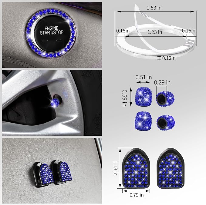 CAR PASS 30 PCS Bling Diamond Car Accessories Set for Women, Bling Steering Wheel Covers 15 Inch, Shining Rhinestone License Plate Frame, Sparkly Phone Holder, Cute Interior Set Decorations, Blue