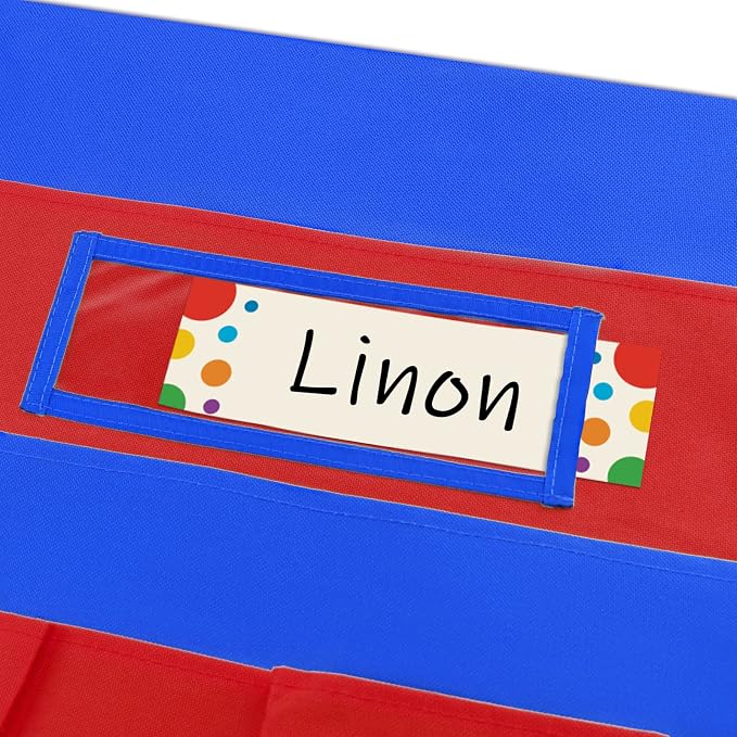 Chair Pockets for Classrooms, 15.7" × 18.9" – 6 Pockets Chairback Storage Organizer with Name Tag Window, Student Desk & Seat-Back Management for Books, Folders & School Supplies, Red+Blue