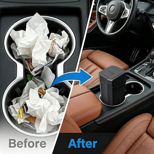 Car Trash Can, 2 Packs Mini Car Garbage Can with Lid, Leakproof Small Cup Holder Trash Can for Car with 60 Trash Bags, Vehicle SUV Truck Organizers and Storage for Home, Office, Black