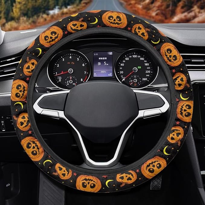 Wanyint Halloween Car Steering Wheel Cover 15 Inch Universal Breathable Soft Anti-Slip Auto Accessories Steering Wheel Protector Fit for Most Vehicles, Pumpkin Moon Star