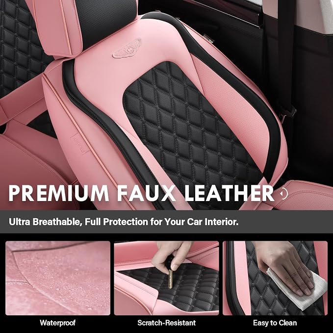 Coverado Universal Car Seat Covers Full Set, Stylish Waterproof Faux Leather Front & Rear Seat Protectors for Sedan SUV Truck, Luxury Fashion Interior – PinkBlack