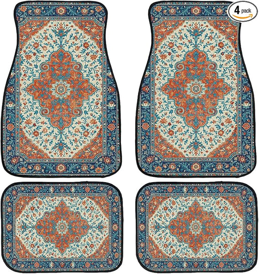Vintage Carpet Car Floor Mats Floral Blue Red Carpet Front Rear Carpets Mat Decorative Car Floor Carpets Non-Slip Auto Car Accessories Universal Fit Car Accessories for Truck