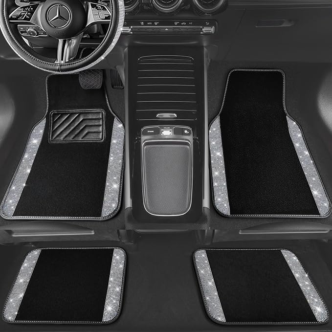 CAR PASS Bling Diamond Leather Steering Wheel Cover 14.5in-15in Floor Mats Shining Rhinestone Carpet Sparkly Glitter Crystal Anti-Slip Pad Fit Automotive SUV Pickup Truck Girl Women, 5pcs Black Sliver