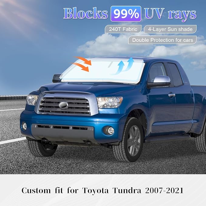 for Toyota Tundra 2007-2021 Sun Shade Windshield Sunshade Cover | 4-Layer Front Window Shade, Custom Fit Tundra Truck 240T Sun Visor Blocks UV Rays
