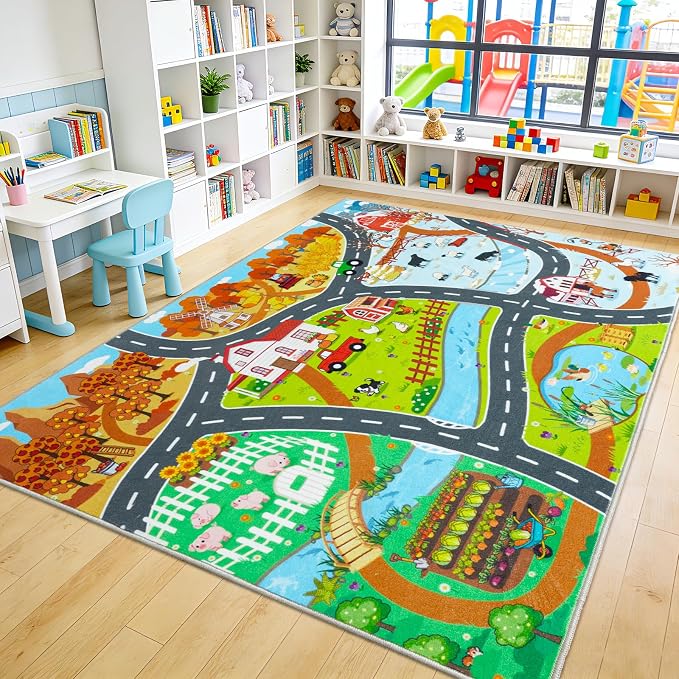 Car Rug Play Mat for Kids Toy Cars, 8' x 10' Town Country Barn Track Four Seasons Farm Theme Traffic Carpet, Non-Slip Washable Area Rug for Kids Room Bedroom Play Area, Fun Learning Rugs for Children