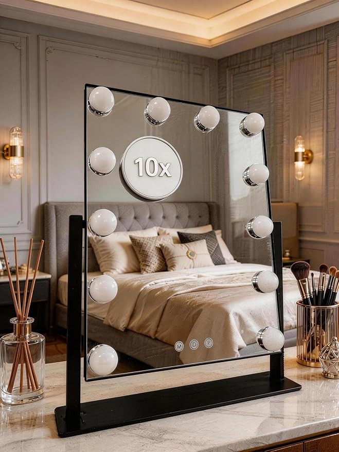 Makeup Vanity Mirror with LED Lights Makeup Mirror Detachable 10X Magnification, Hollywood Make Up Mirror with Lighting, Smart Touch, Rechargeable,360° Rotation, Black 17.12"x13.77"