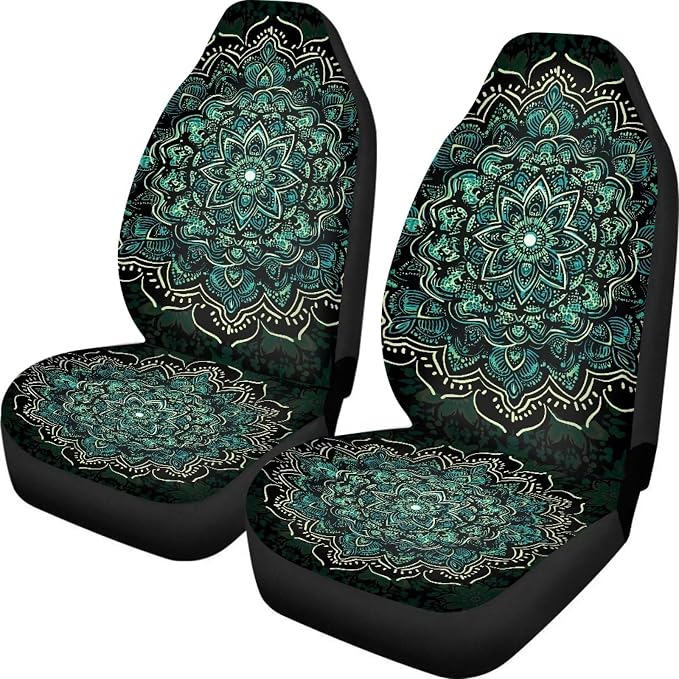 Boho Front Seat Covers for Cars, Set of 2 Green Mandala Bucket Seat Covers, Soft Breathable Polyester Seat Protectors for SUV, Truck and Sedan