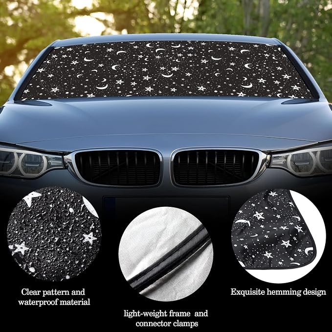 Woanger Windshield Sun Shade Foldable Car Front Window Covers for Car Accessories Sun Heat UV Rays Visor Protector Protection for Universal Cars SUV Truck (Moon Star)