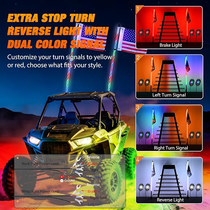 Nilight 2PCS 4FT RGB LED Whip Light with Spring Base and 4 PCS Rock Lights Combo, Remote App Control w/DIY Chasing Patterns Turn Signal Brake Reverse Antenna Lighted Whips for ATV UTV Polaris RZR Jeep