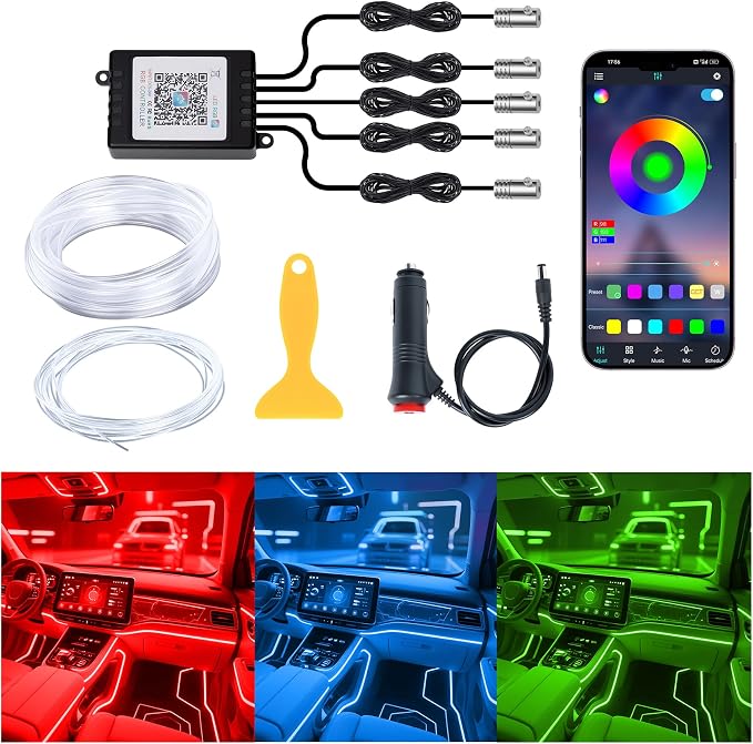 Interior Car LED Lights, 5 in 1 RGB Ambient Lighting Kit with 236" Fiber Optic, 16 Million Colors, APP Control, Music Sync Car Neon Lights for Cars, Trucks, SUVs