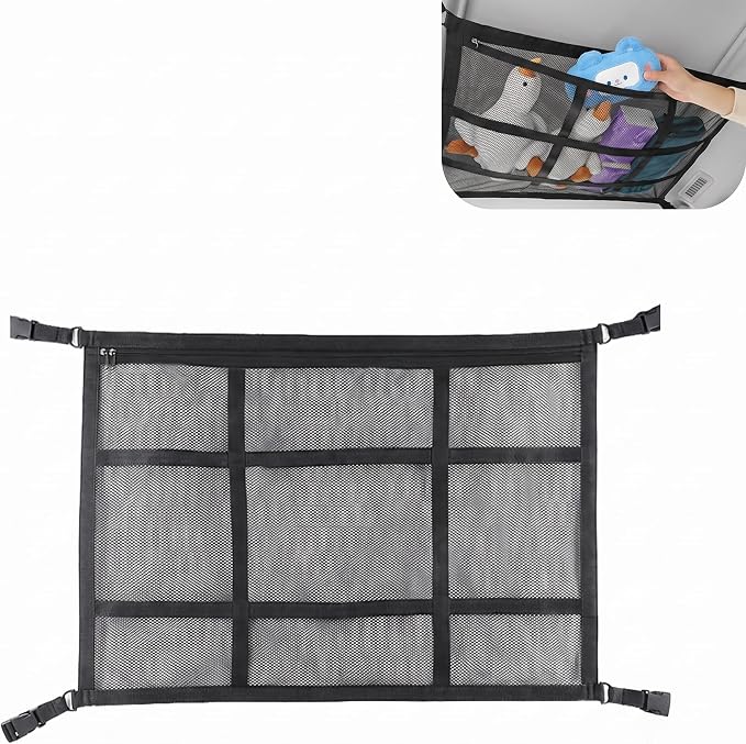 Car Ceiling Cargo Cet, 31.50" × 20.87" Multifunctional Car Roof Hanging Organizer, Automotive Top Storage Net, Wide Application for Different Vehicles and Occasions (Black)