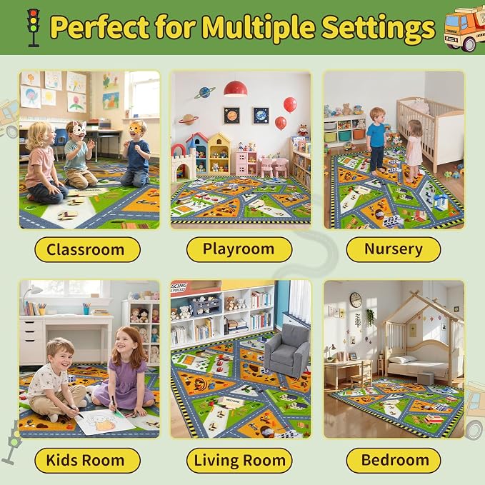 STARUIA Kids Carpet Playmat Rug, 3x5 Ultra Non-Slip Car Rug Play Mat Learn and Have Fun Educational City Road Car Carpet for Kids, Washable Car Kid Rugs for Boys Room Playroom Nursery