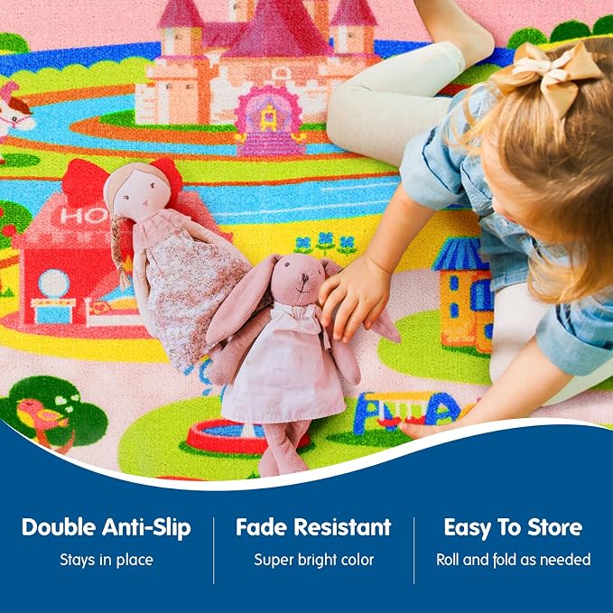 Booooom Jackson Pink Castle Play Rug, 39"x59" | Non-Slip Washable Pink Castle Play Rug, Gift for Girls Ages 3+, Imaginative Play, Playroom & Bedroom Decor