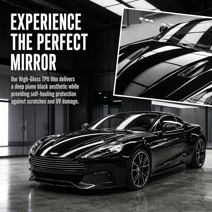 Piano Black PPF Paint Protection Film 50FT x 5FT Roll with PET Liner, Ultra Gloss Finish, Bubble-Free & Repositionable Adhesive, UV Protection for Cars, SUVs, Trucks (Ultra Gloss Black PPF)