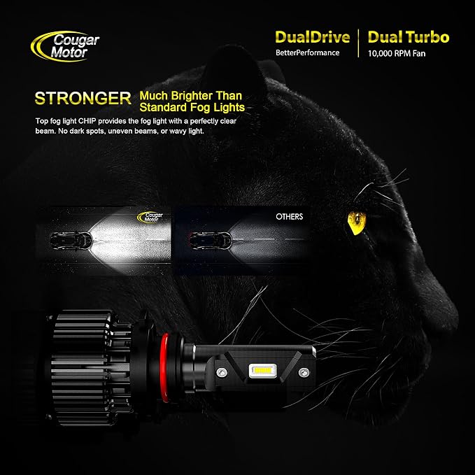 Cougar Motor 9005 Bulbs, HB3 Light Bulb K16 Series 6000K White 9005 Fog Light Plug and Play Driving Light Bulbs IP67 Waterproof Fog Light or Off-Road - Pack of 2