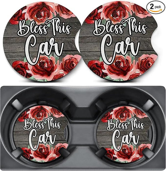 2 Pack Bless Rose Car Coasters for Cup Holder,Neoprene Anti Slip Mat | 2.75" Universal Size,Auto Rubber Drink Coasters Decor Car Accessories Bless Gifts for Women Men