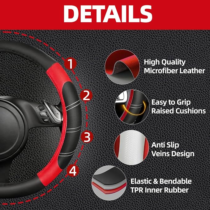 NBTEPEM 10 Pcs Car Floor Mats Full Set & Sport Leather Steering Wheel Cover 14.5-15 inch, Center Console Cover, Seat Belt Cushion, Cup Holder Coaster, Universal Automobile Interior Sets (Red)