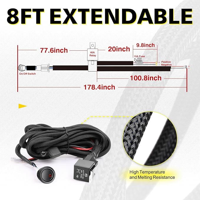 AKD LED Light Bar Wiring Harness Kit - 12V 40A Relay Fuse Rock Switch for Offroad Driving Lights - Nylon Harness for Truck Pickup ATV UTV SUV Boat