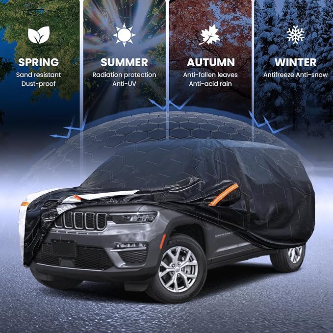 Multi-Layer Car Cover Custom Fit for Jeep grand Cherokee long(2021-2026), 100% Waterproof All Weather for Automobiles, Gift with Towel, Heavy Duty Car Covers for Rain Sun UV Protector With Door Zipper