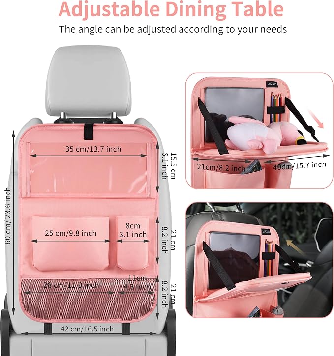 LUCMO Car Backseat Organizer with Foldable Tablet Holder, Pink | 2 Pcs,6 Storage Pockets,Foldable Food Tray,Protectors Kick Mats,Travel Accessories,Seat Cover,Road Trip Essentials