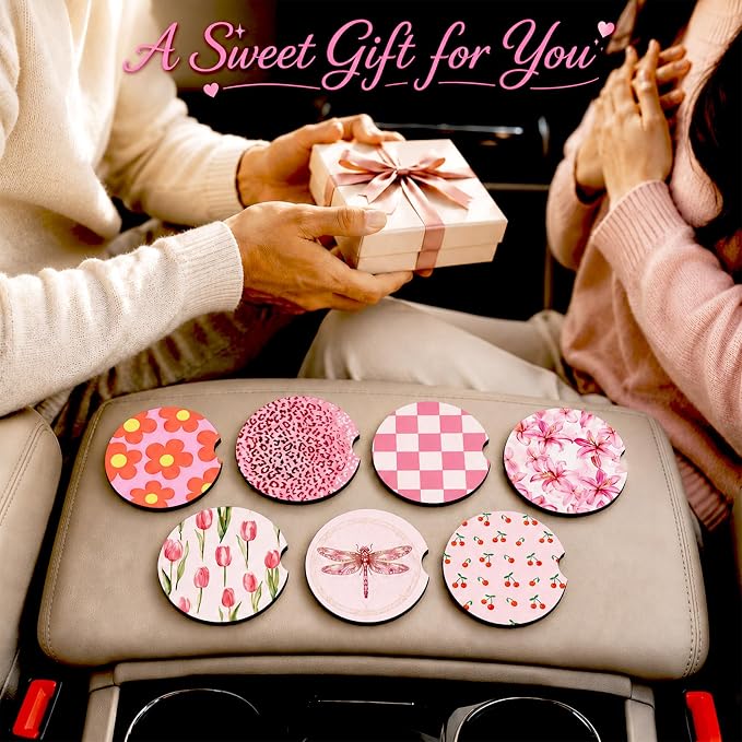 2PCS Daisy Car Cup Holder Coasters Neoprene Car Coasters Universal | 2.75" Anti-Slip Rubber Mat with Finger Slot for Vehicle SUV Truck Fresh Cars Accessories Daisy Gifts for Women Men