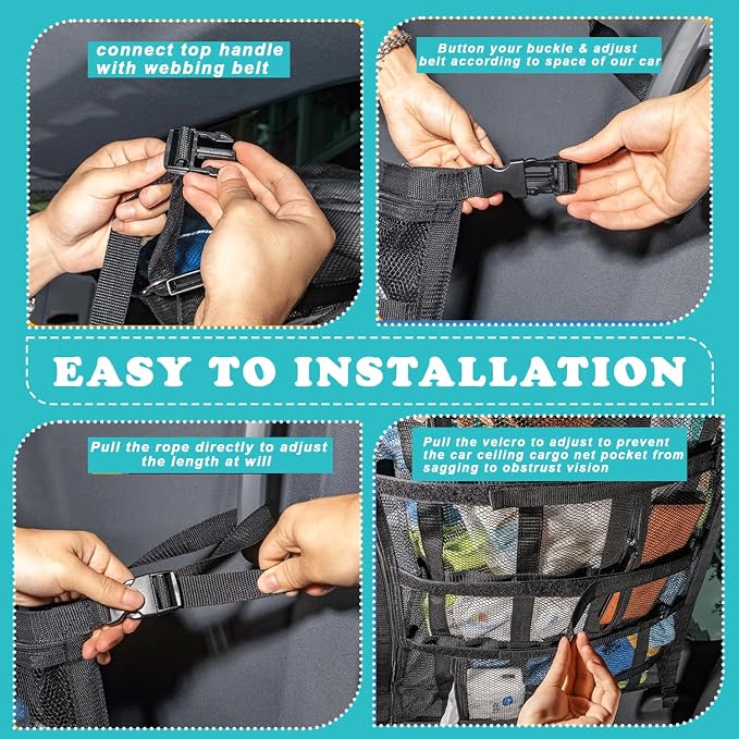 Car Ceiling Cargo Net with Backseat Organizer, Anti-Fall Ceiling Mesh Storage Organizer, Double Layer Cargo Net, Heavy Duty Load Capacity Roof Net Inside Car, Easy-to-Install & Reduce Sagging.