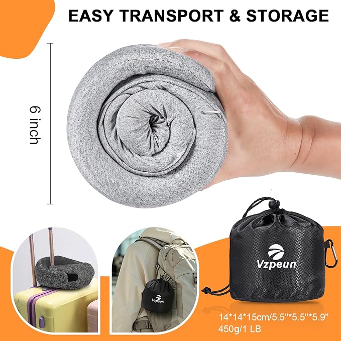 Travel Pillow - Hooded Neck Pillow Airplane Memory Foam Filling for Plane, Cars Sleeping, Road Trip, Long Flights, Airplane Travel Essentials, Includes Eye Mask & Earplugs (Light Gray)