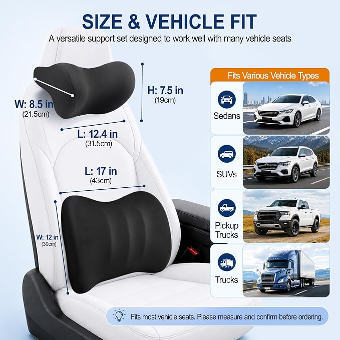 Allaboutsla Lumbar Back Support Pillow for Car, Neck Headrest Pillow Set | Memory Foam Car Neck Support for Driving with Car Back Support, Adjustable Straps, Head Rest Pillow for Cars, Trucks, Black