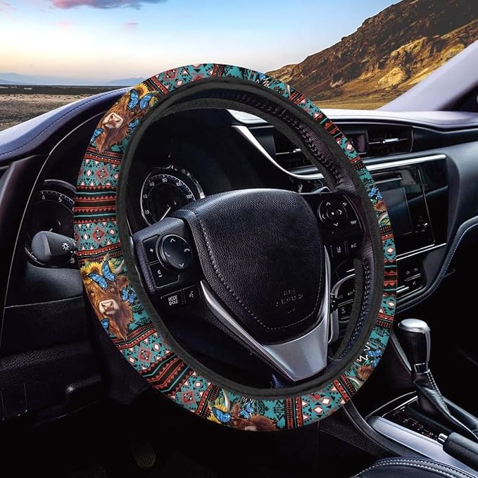 Wanyint Aztec Highland Cow Sunflower Butterfly Car Steering Wheel Cover Soft Stretch Anti-Slip Washable Car Interior Accessory Universal Fit for Car SUV Trucks