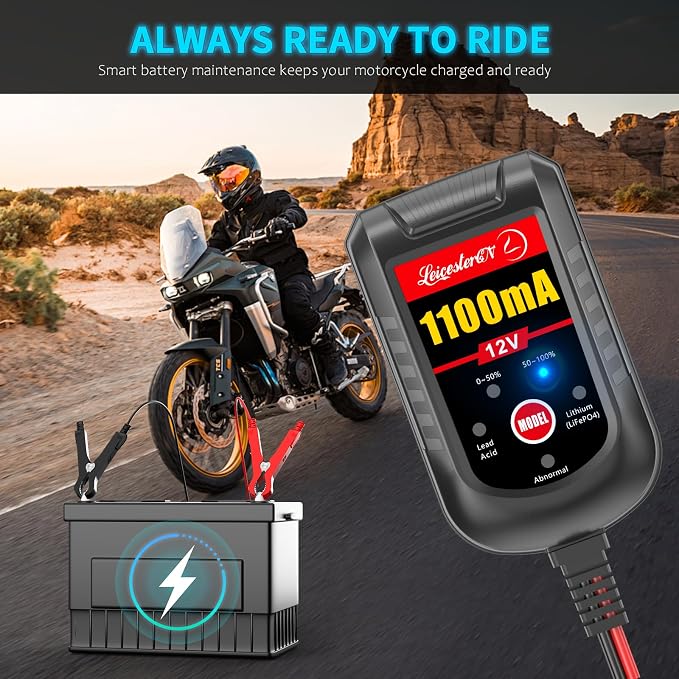 Motorcycle Battery Charger and Maintainer 12V, 1.1Amp Smart Trickle Charger - Automatic Float Charger for Cruiser Sport Bike ATV Scooter Dirt Bike Lawn Mower, LiFePO4 Lithium Lead Acid AGM Gel