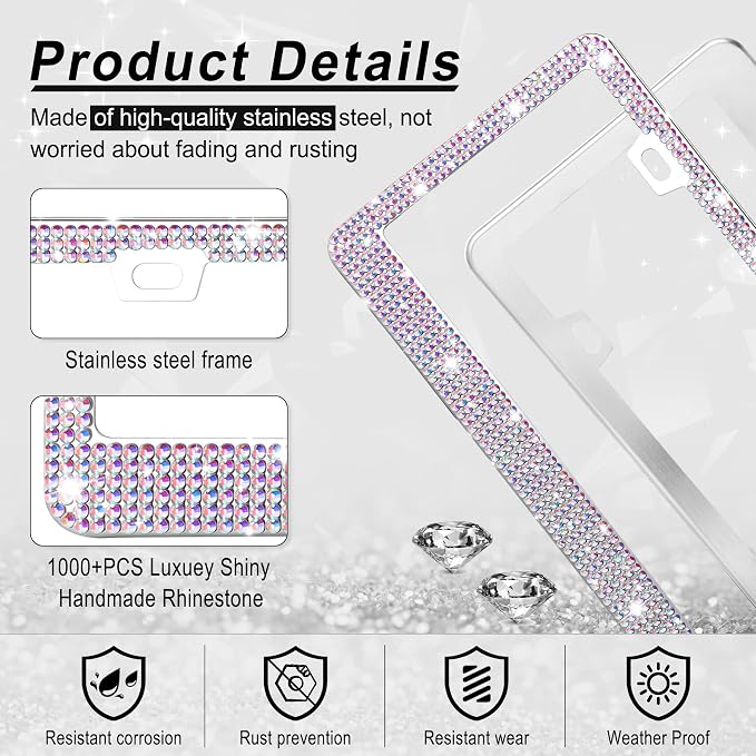 GaRhomxy Bling License Plate Frames for Women, 1 Pack Handcrafted Sparkly Rhinestone Car Accessories, Premium Stainless Steel Frame with 1000+ Faceted Glass Crystals & Free Glitter Caps (Colorful)