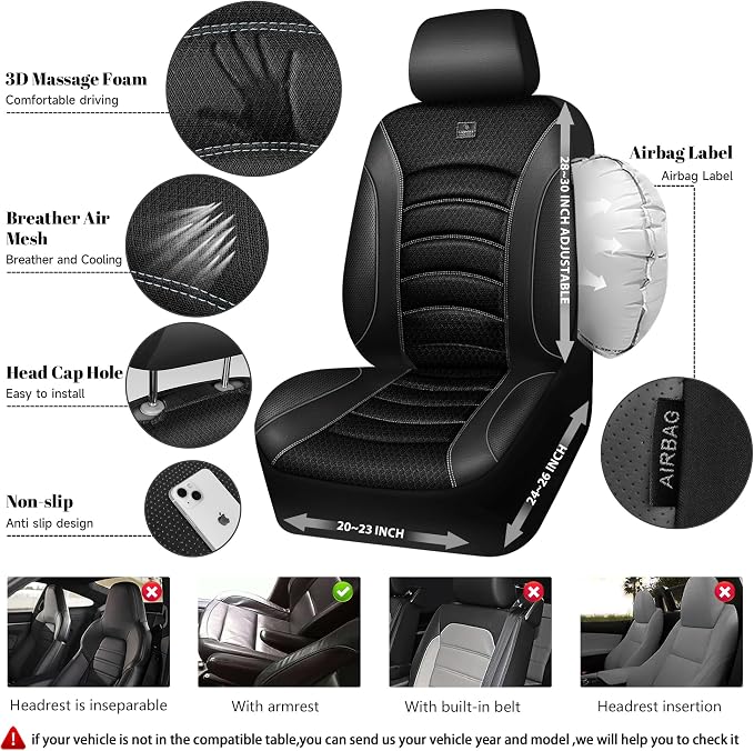 CAR PASS Comfortable 3D Foam Mesh Leather Car Seat Covers Full Sets, Air Cool Mesh Breathable Seat Covers for Car, Universal 5 Seats Fit for SUV Truck Sedan Automotive, Airbag Compatible,Black Gray