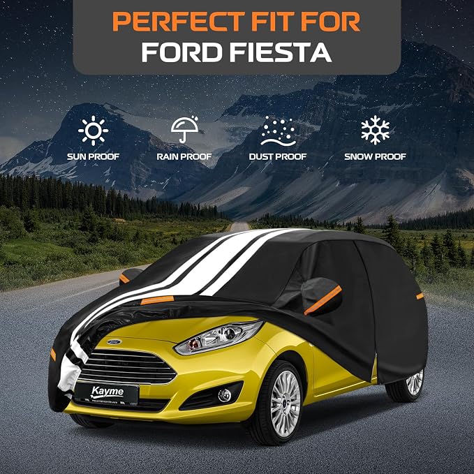 Kayme Heavy Duty Car Cover Custom Fit for Ford Fiesta (2009-2020) Waterproof All Weather for Automobiles, Gift with Tape/Towel, Outdoor Full Exterior Cover Rain Snow Sun UV Protection.