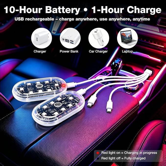 Magnetic LED Interior Car Lights, 8 Colors RGB Wireless Ambient Nightlight | USB Rechargeable Strobe Lighting with Remote & Touch Control, Vehicle Decor for Footwell Door Dash Glove Box – Car Truck SUV