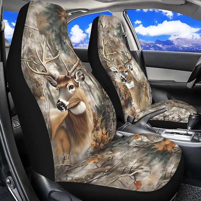 Deer Seat Cover for Cars Washable Hunting Forest Car Seat Covers Front Seats Full Protection Auto Interior Covers Easy Installation Compatible with Most Cars,SUV,Sedan