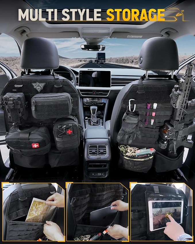 WYNEX MOlle Car Backseat Organizer Detachable 4 Molle Pouches for Road Trip | Truck Seat Back Storage & Organizer Molle Panel with Tactical Bag, Fits Most Cars, SUVs, Pickups, Jeepd, Trucks, Vans