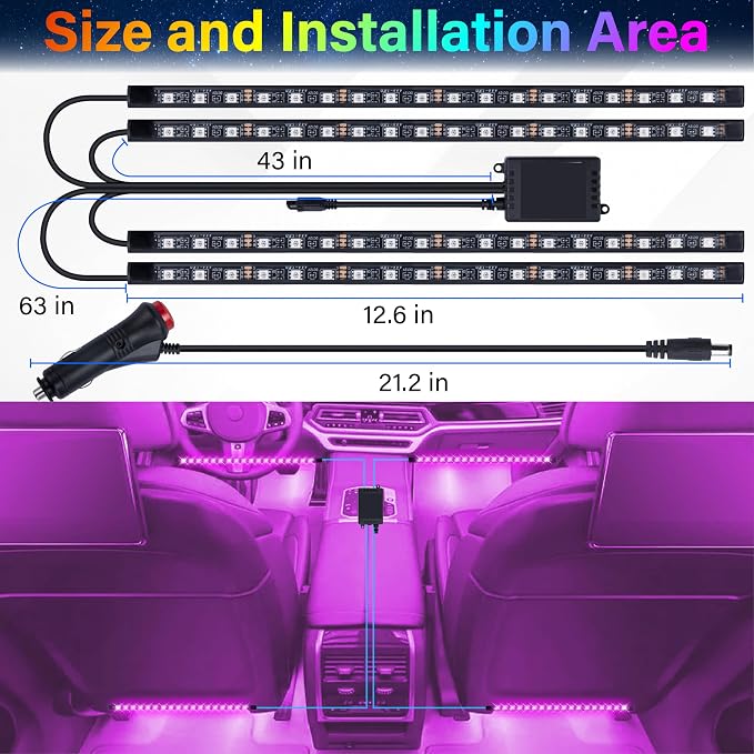 BFXM Car Interior Lights, 72LED Lights Strip with Cigarette Lighter Adapter | App & Remote Control Music Sync Color Change, Interior Car Lights for Car Decor, Car Accessories for Women Men