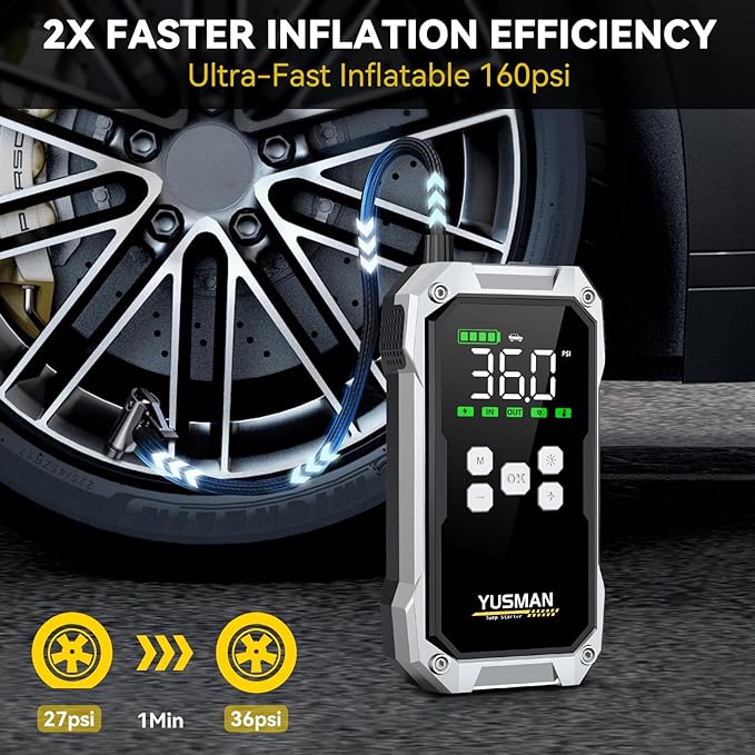 Jump Starter with Air Compressor, 9000A 160PSI Battery Booster Pack | For 12V vehicles, ALL gas and 10.0L diesel, with display, smart clamps, tire inflator, 2 USB-A ports, and 2 LED lights